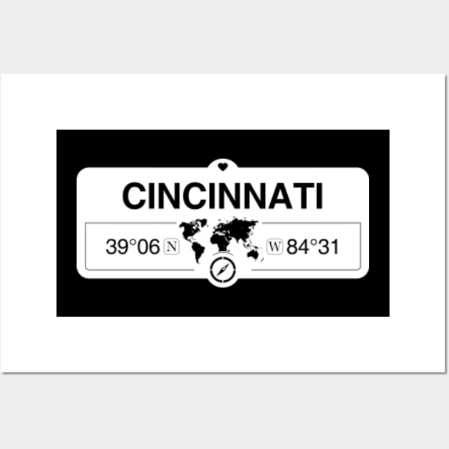 Cincinnati Ohio Map GPS Coordinates Artwork with Compass Wall Art by MapYourWorld